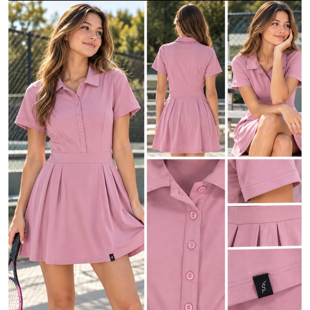 Soneven Tennis Dress Pink Short Sleeve Pleated Athletic Golf Polo Mini Dress S